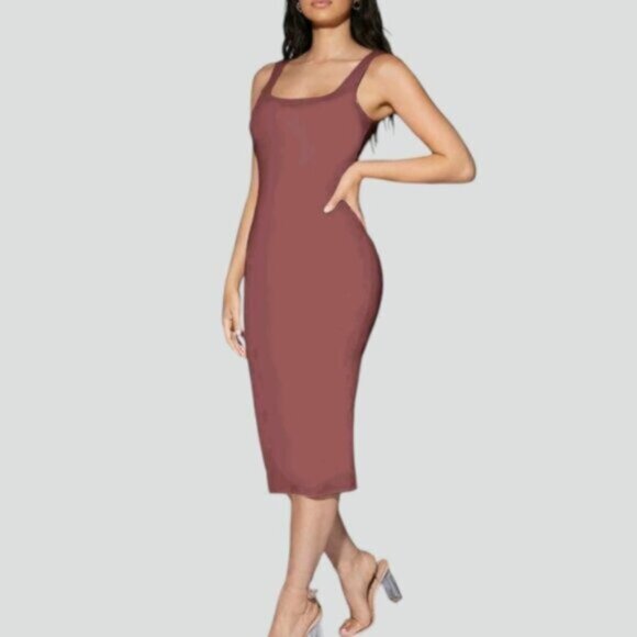 New Mauve Stretchy Square Neckline Sexy Midi Dress- Size M - Picture 6 of 8